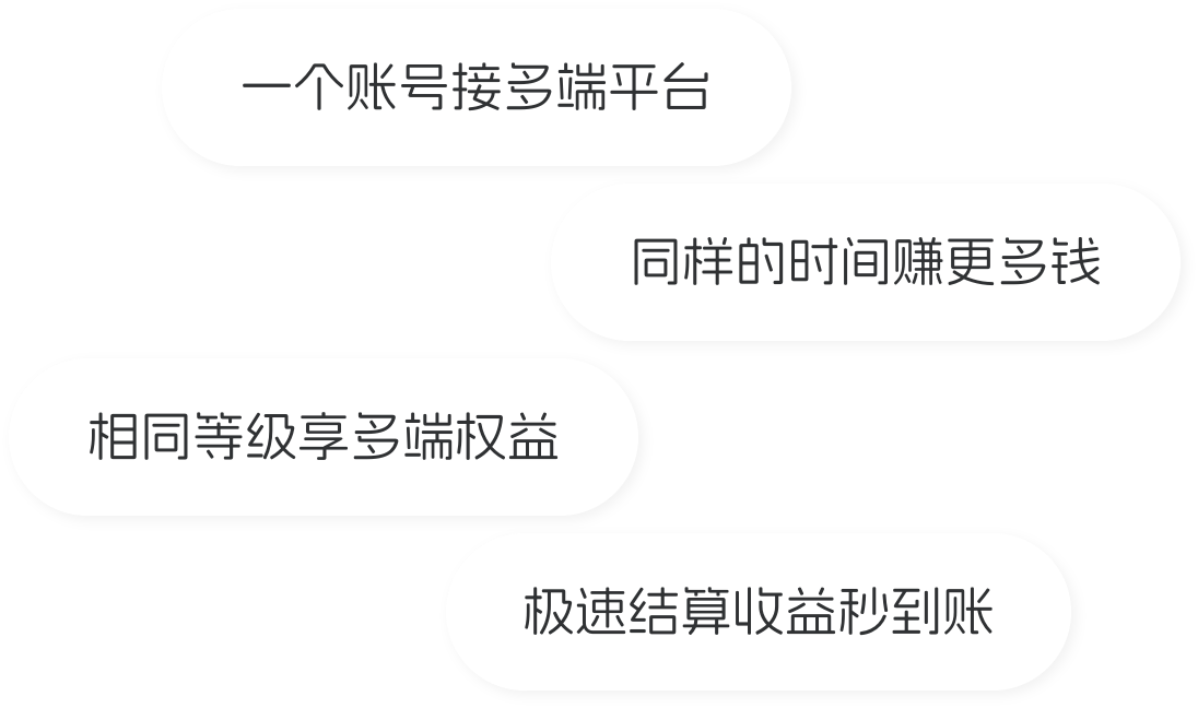 一个账号接多端平台，同样的时间赚更多钱，相同等级享多端权益，极速结算收益秒到账